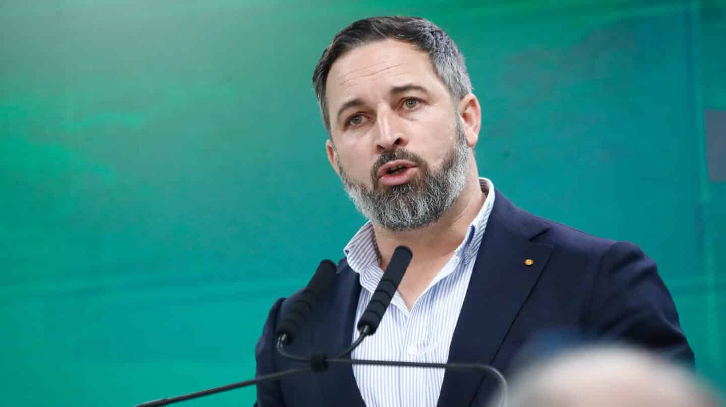 El presidente de Vox, Santiago Abascal, comparece en una rueda de prensa desde la sede nacional del partido