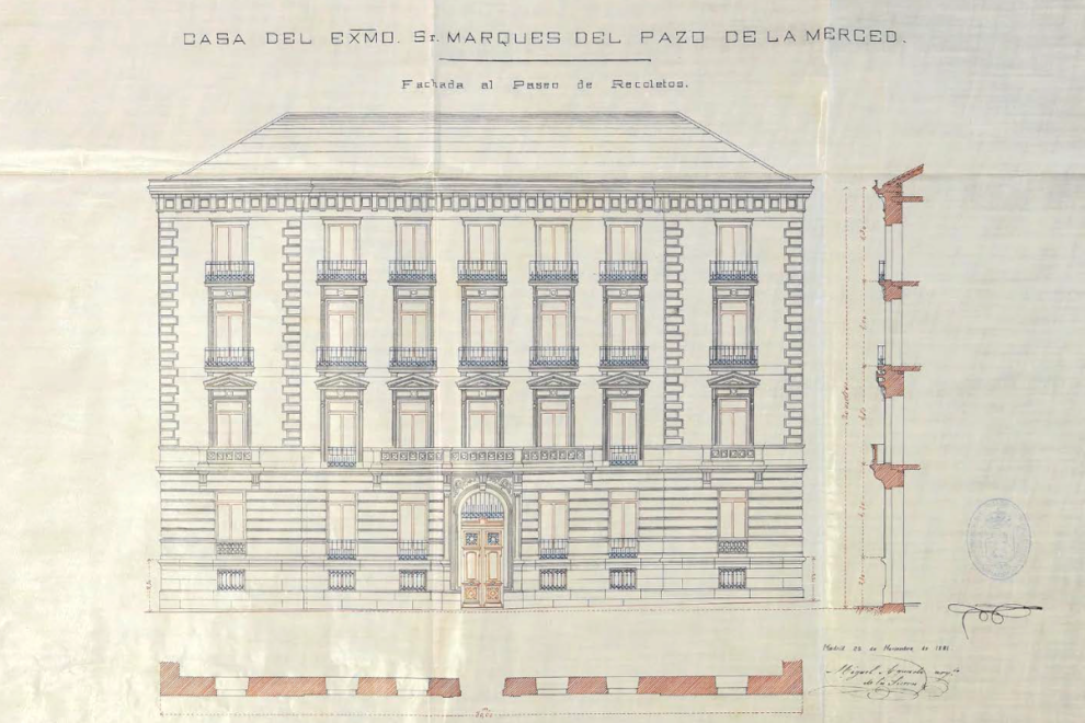 Mapfre ilumina la historia y los secretos del Palacio de Elduayen, su joya de la corona. Un libro recorre la apasionante historia de la sede de la compañía aseguradora en el Paseo de Recoletos de Madrid. Plano de la fachada del Palacio de Elduayen al Paseo de Recoletos. 