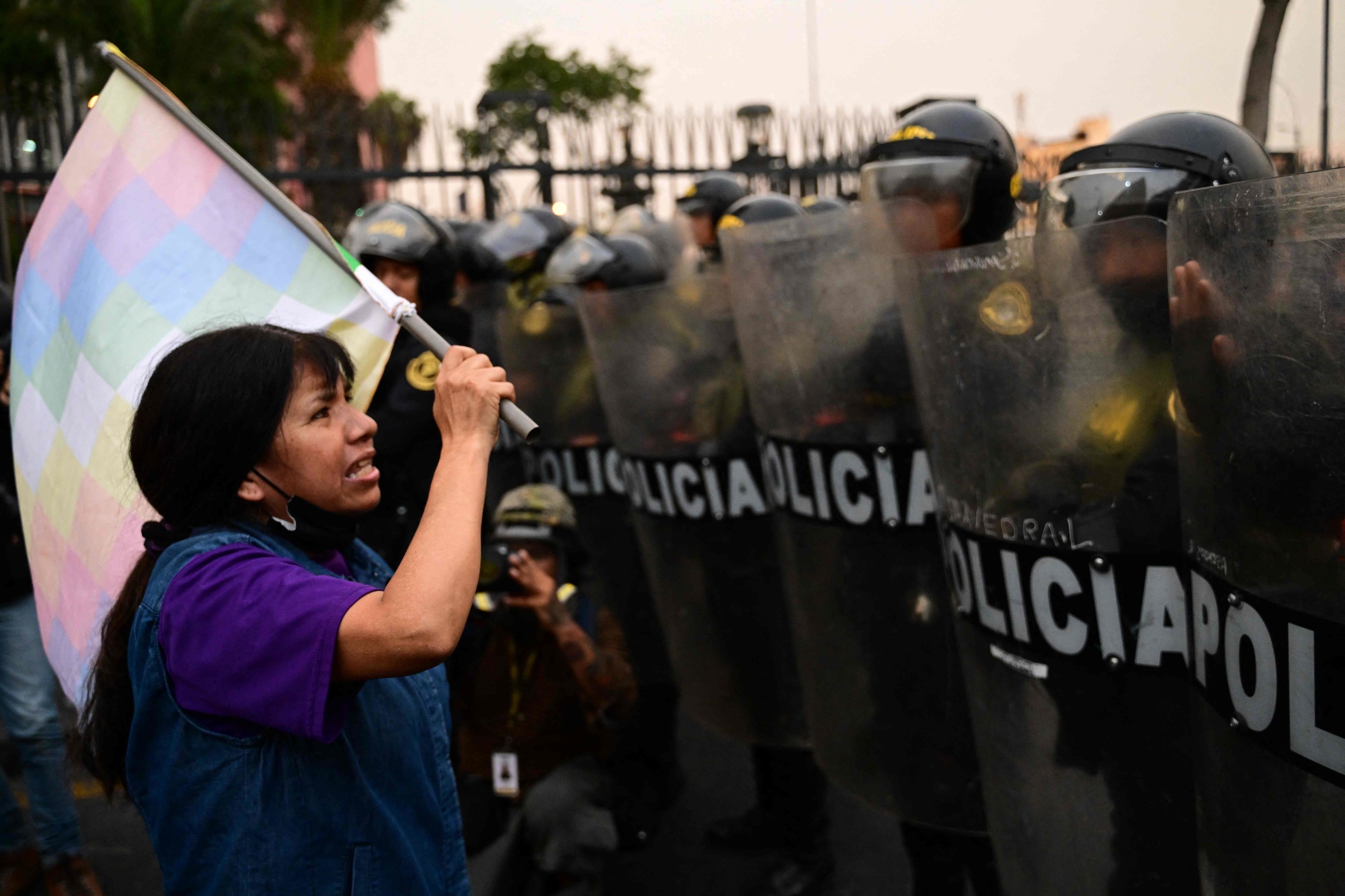 Una partidaria de Castillo se enfrenta a la policía antidisturbios, en Lima.