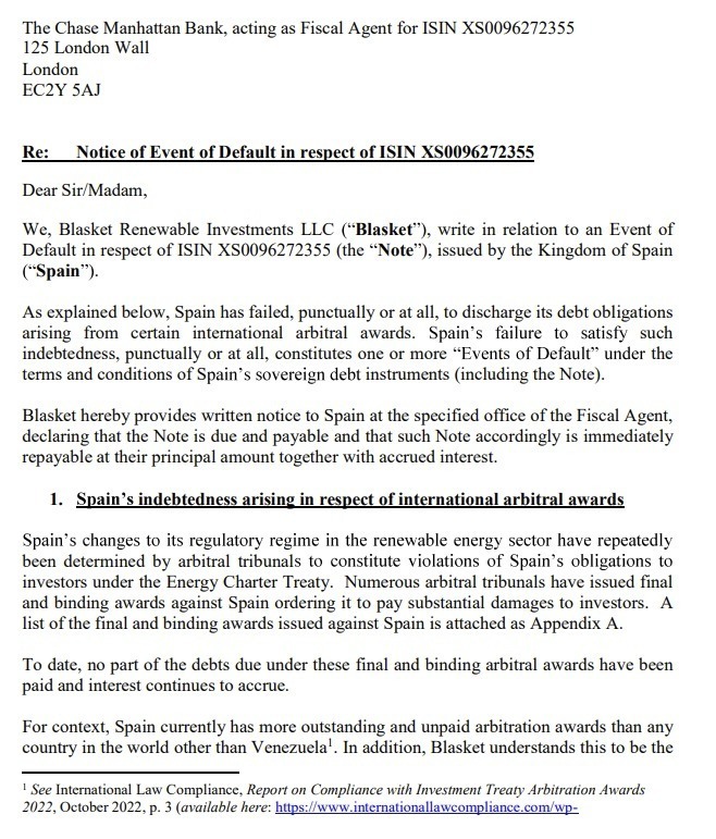 Extracto de la carta del fondo estadounidense Blasket Renewable Investmens instando al 'default' de deuda de Espa