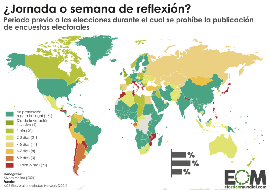 Un mapa mundial de los países donde se aplica la norma de prohibición de publicación de encuestas electorales en la semana anterior a las elecciones